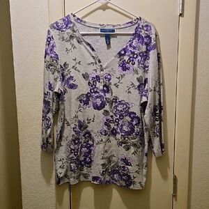 Karen Scott Gray and Purple Floral Long Sleeve Top